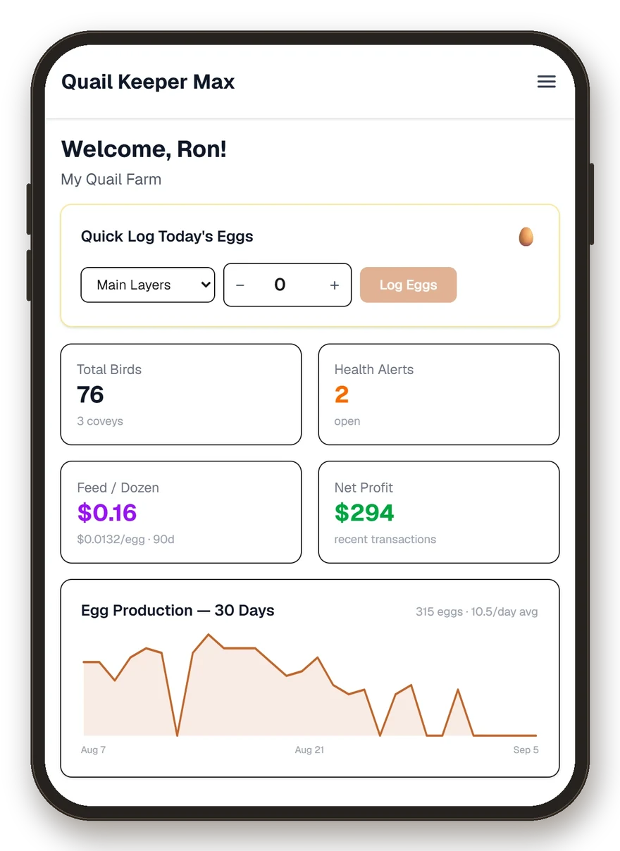 Quail Keeper Max dashboard on a phone: quick egg logging, flock stats, and a 30-day egg production chart